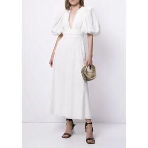 ACLER Hamilton Puff Sleeve White Ivory Embroidered Puff Sleeve Cotton Midi Dress